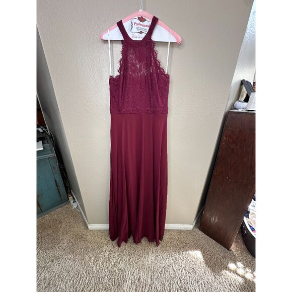 Lulus Dresses & Skirts - Lulus Women’s Burgundy Lace Halter Maxi Dress Size M Flowy Elegant Gown Formal